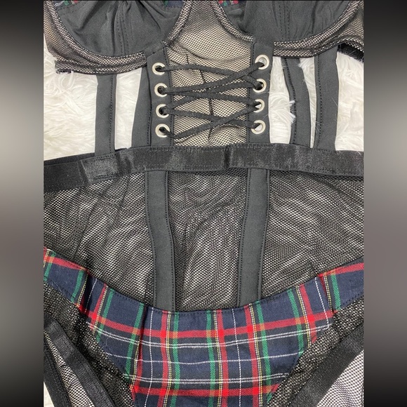 ASOS DESIGN Zola Plaid Mesh Lace Up Bodysuit Corset Underwear Camisole 34B - Picture 7 of 11